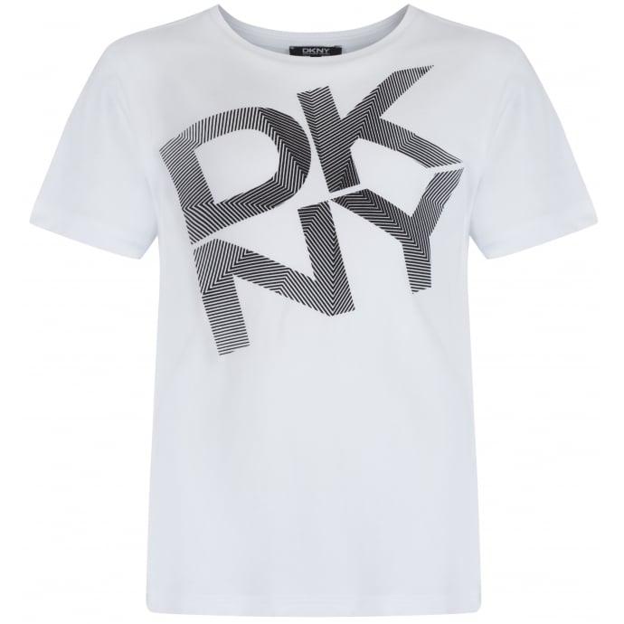 White and Blue Striped Logo - DKNY Boys White T Shirt With Blue Striped Logo Print