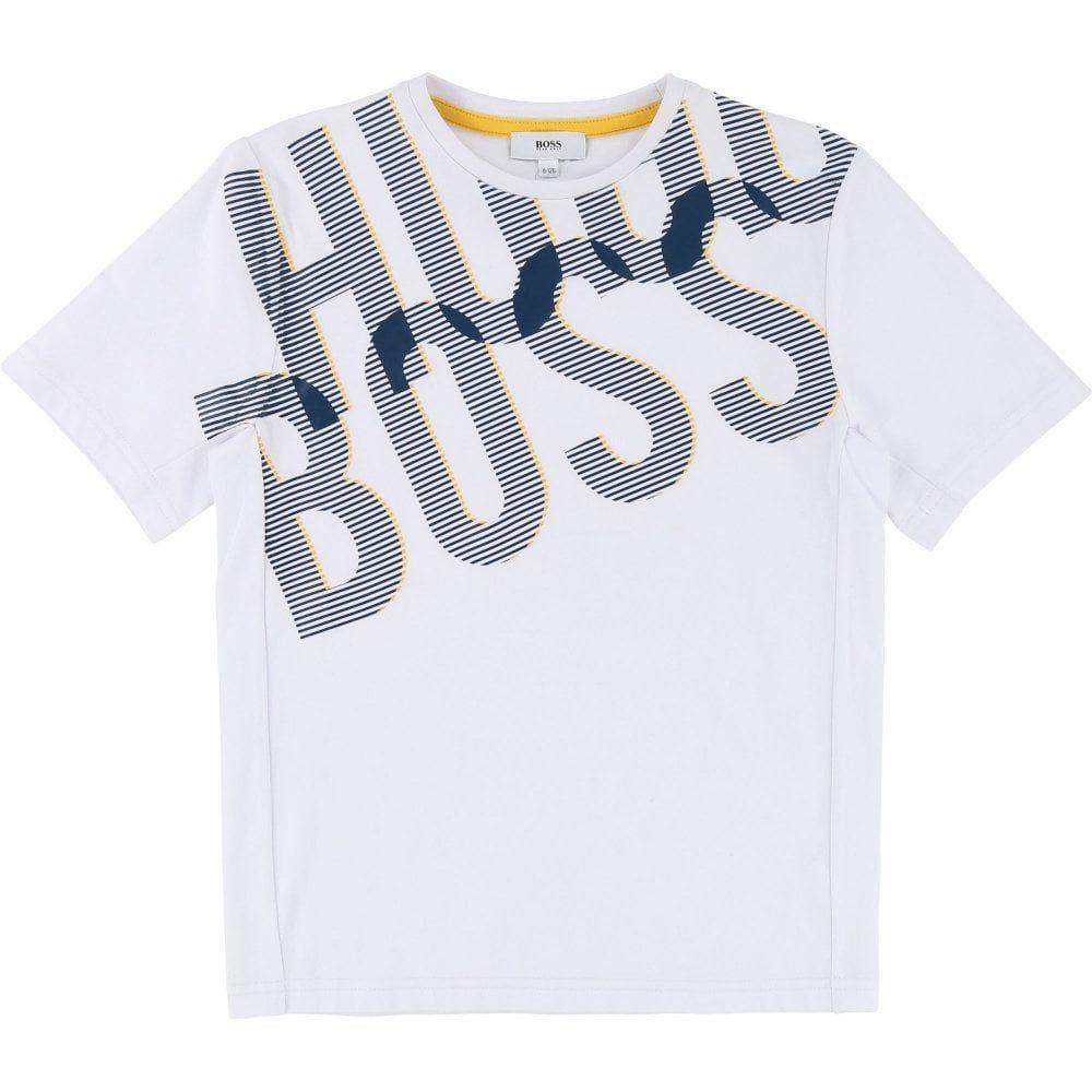 Yellow Striped Logo - Boys White T-Shirt Blue and Yellow Striped Logo from tiddlywinks.co.uk