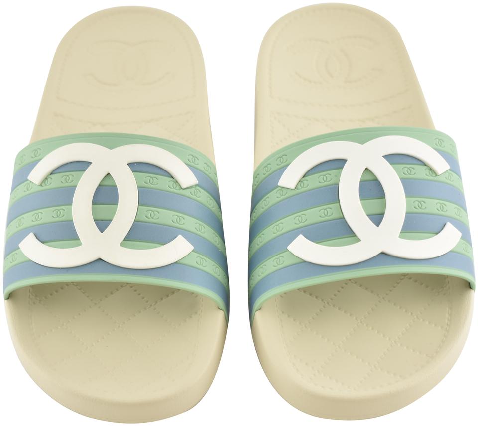White and Blue Striped Logo - Chanel White 18p Green Blue Stripe Maxi Cc Logo Mule Pool Slide Flip ...