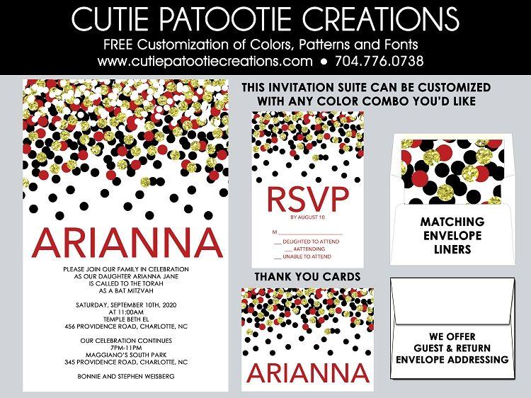 Red Black and Gold Bat Logo - Black, Red and Gold Confetti Bat Mitzvah Invitations Colors