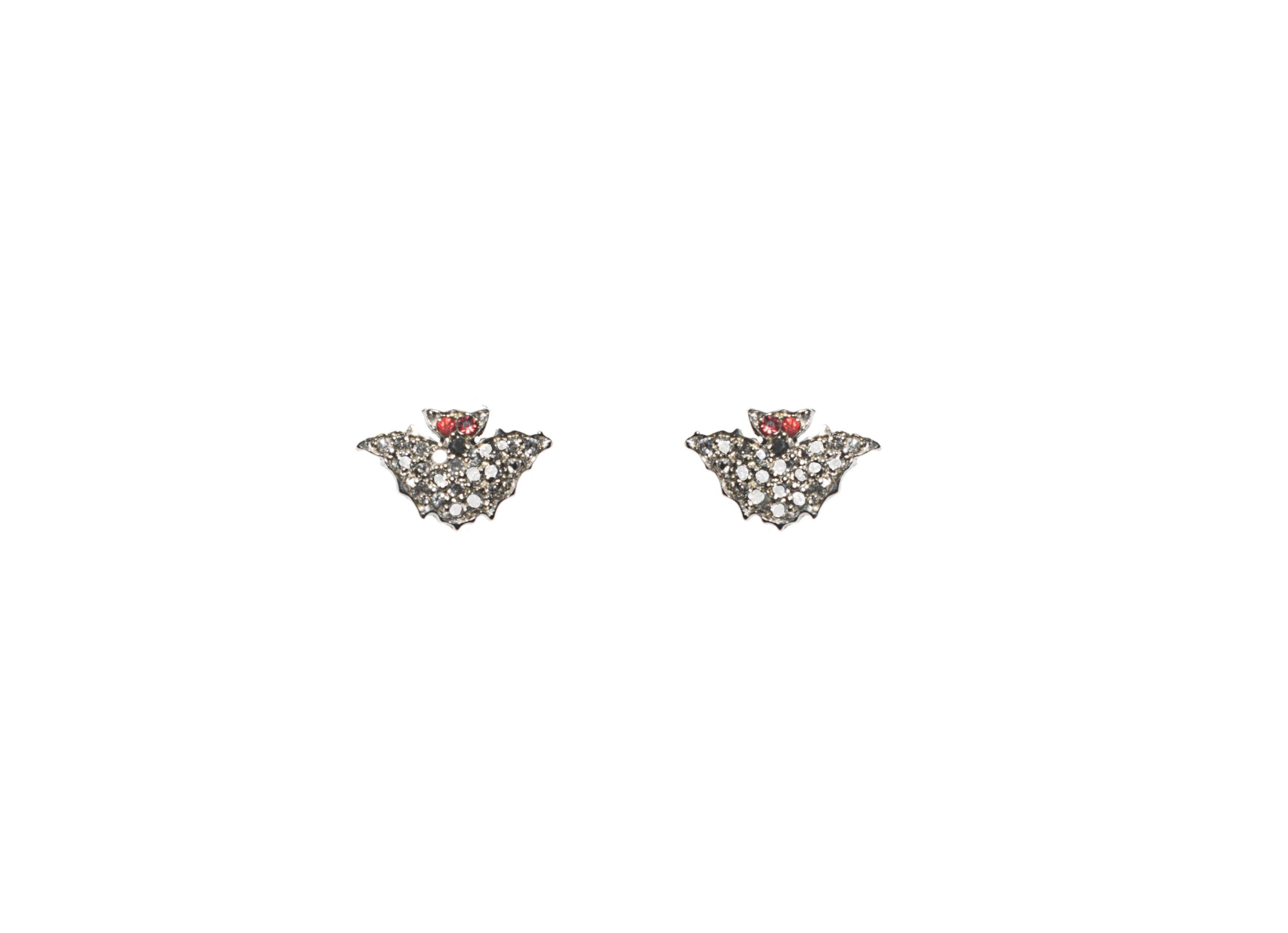 Red Black and Gold Bat Logo - Mini bat gold earrings with pavé grey diamonds and red sapphires