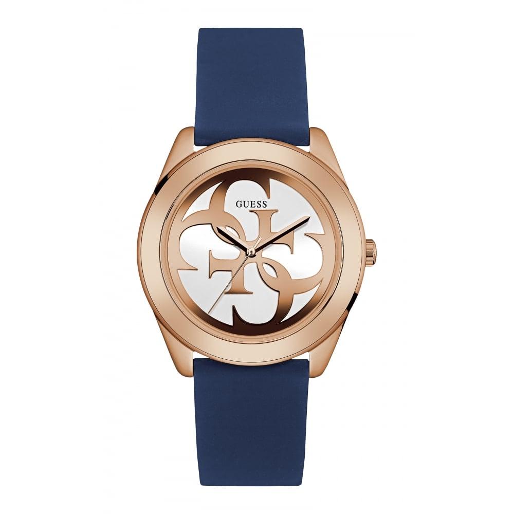Gold White Blue Logo - Guess Ladies Rose Gold Watch White Logo Dial And Blue Silicone Strap