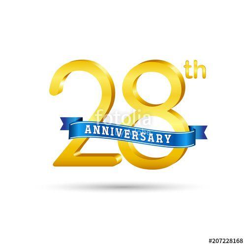 Gold White Blue Logo - 28h golden Anniversary logo with blue ribbon isolated on white
