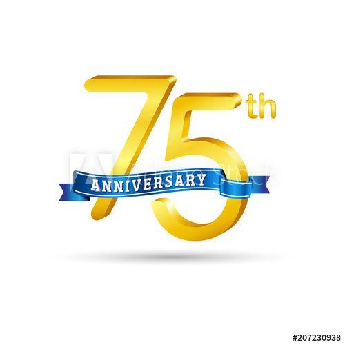 Gold White Blue Logo - 75th golden Anniversary logo with blue ribbon isolated on white