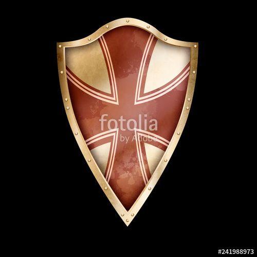 Maroon Cross and Shield Logo - Antique shield with cross on black background.