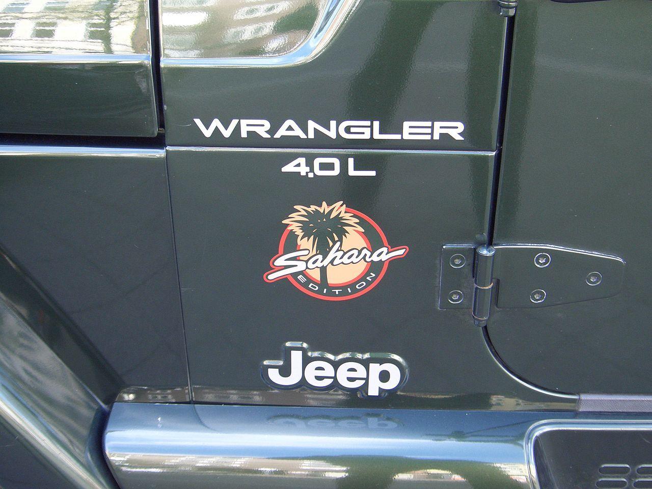Jeep Wrangler Sahara Logo - File:Jeep Wrangler 4.0L Sahara TJ 1997-2006 badge frontsideleft 2008 ...