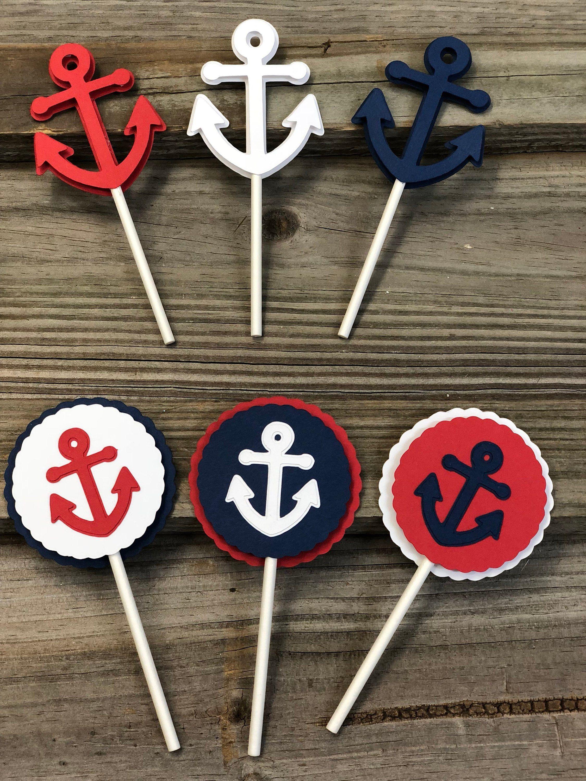 Red and Blue Anchor and Arrow Logo - Set of 12 - Red, White and Blue Anchor Cupcake Toppers-Baby Shower ...