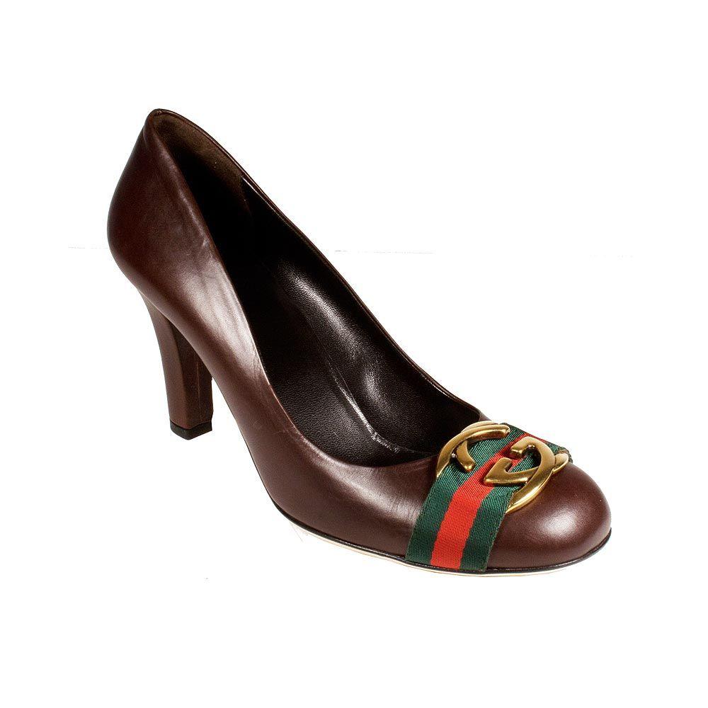 Brown Shoe Logo - Gucci Womens Shoes Brown Leather Pumps GG Logo Stripes (KGGW3002)