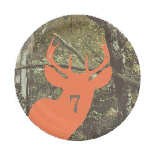 Deer in an Orange Circle Logo - Orange Deer Head Camouflage Hunting Birthday Paper Plate. Hunting