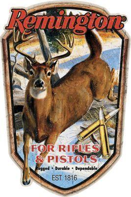 Remington Deer Logo - The Remington Rifles and Pistols Tin Sign displays a bruiser of a