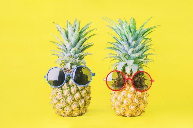 Red Blue Pineapple Logo - Pineapples with red and blue sunglasses on yellow background Photo ...