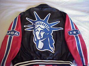 Red Statue Logo - MENS USA RED/WHITE/BLUE/BLACK LEATHER JACKET STATUE OF LIBERTY LOGO ...