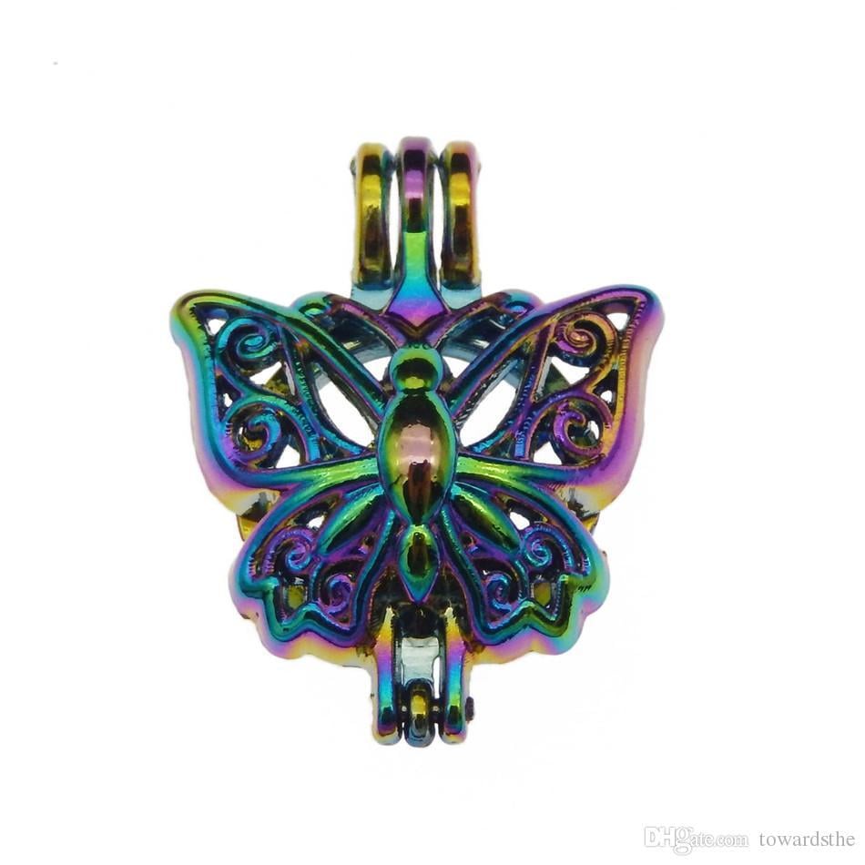 Rainbow Colored Butterfly Logo - 2019 Rainbow Color Butterfly Pearl Cage Beads Cage Locket Pendant ...