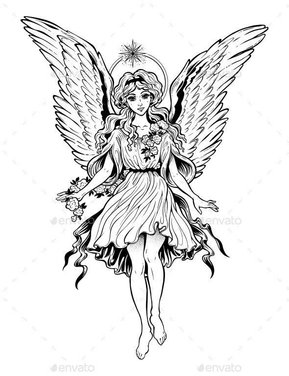 Flying Woman Logo - Beautiful Angel. Vintage style flying magic girl with long hair ...