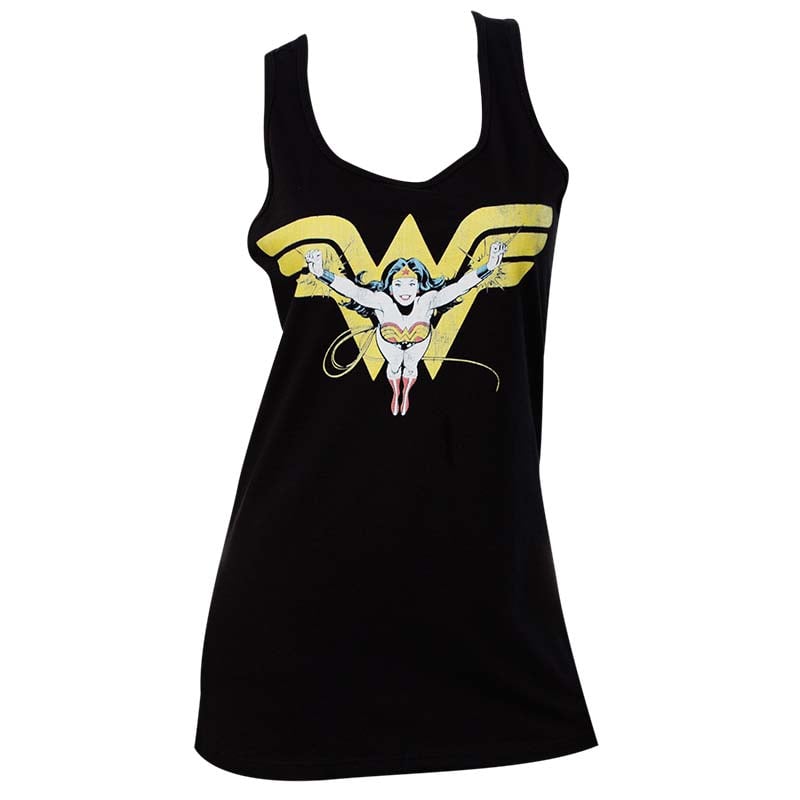 Flying Woman Logo - Wonder Woman Comic Flying Over Logo Black Womens Tank Top ...