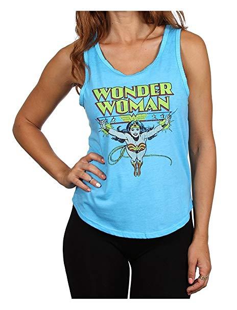 Flying Woman Logo - Wonder Woman Juniors' Classic Comic Flying Logo Sleeveless Snow Wash