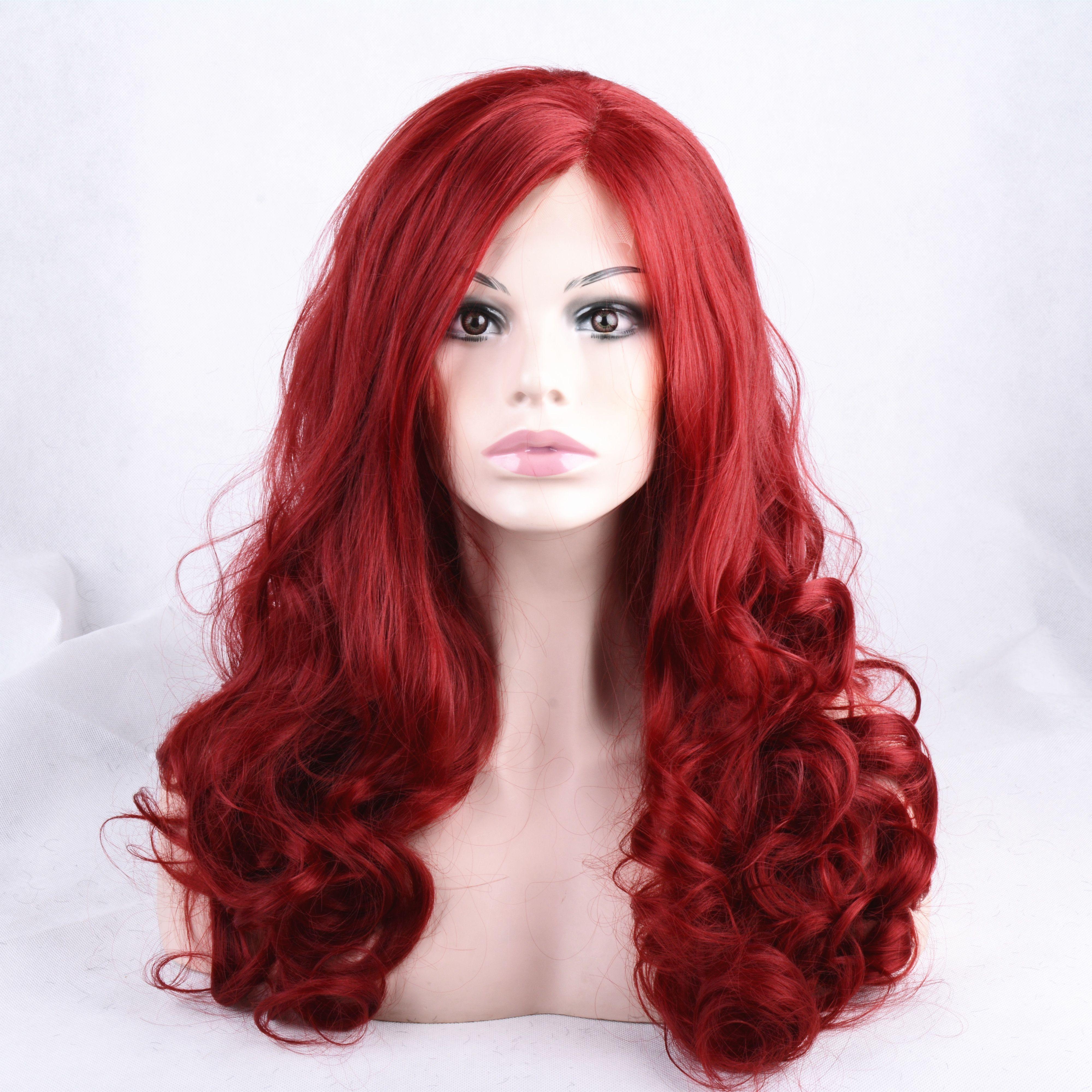 Red Wavy Hair Logo - 2018 New Arrival Dark Red Wavy Synthetic Lace Front Wigs 180 ...