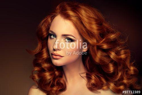 Red Wavy Hair Logo - Girl model with long red wavy hair. Big curls on the red head ...