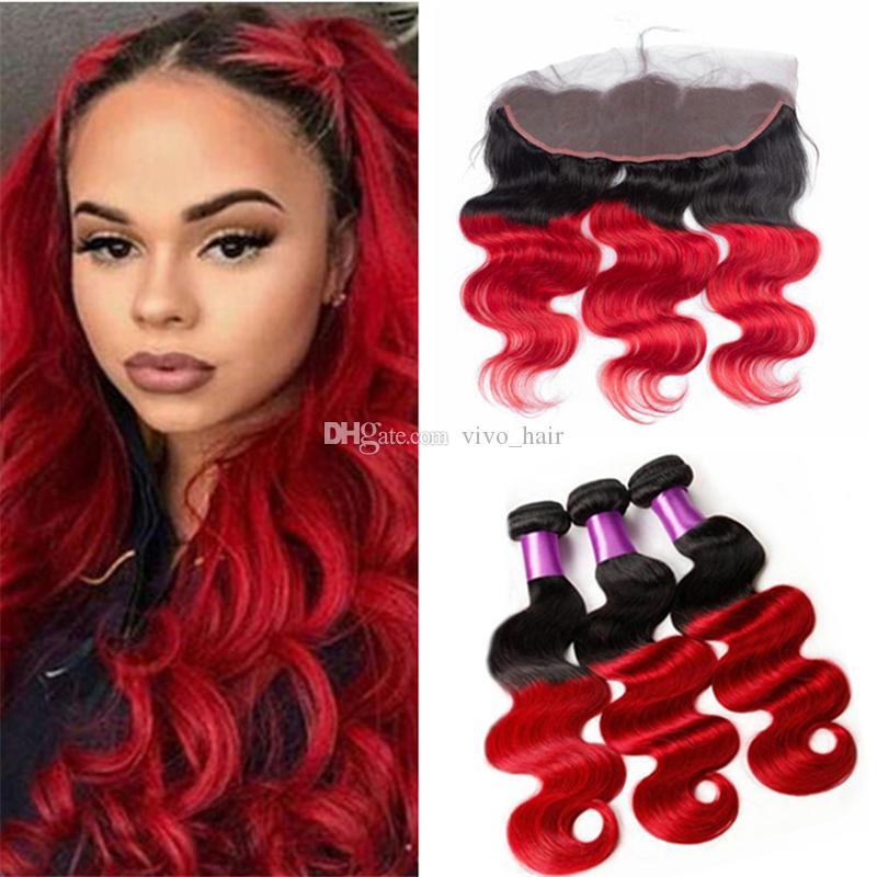 Red Wavy Hair Logo - 2019 Virgin Brazilian Ombre Red Wavy Hair Weave Bundles With Frontal ...