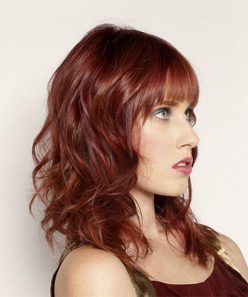 Red Wavy Hair Logo - Long Wavy Casual Hairstyle with Blunt Cut Bangs - Dark Red Hair Color