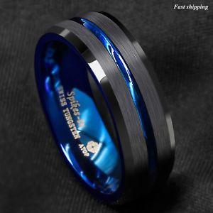 Blue Circle with Lines Inside Logo - 6mm Tungsten Men's Ring Thin Blue Line Inside Black Brushed Band