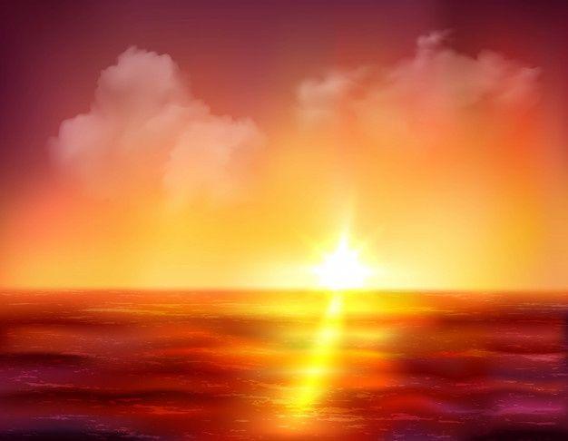 Sunrise Yellow and Red Logo - Beautiful sunrise over ocean with golden sun and dark red waves ...