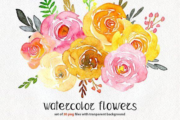 Pink and Yellow Flower Logo - Yellow & pink watercolor flowers ~ Graphics ~ Creative Market