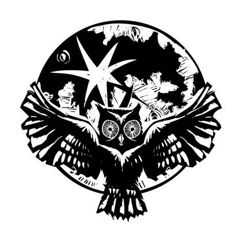 Flying Owl Logo - Woodcut Flying Owl with Feathered Wings Spread in Front of a Full