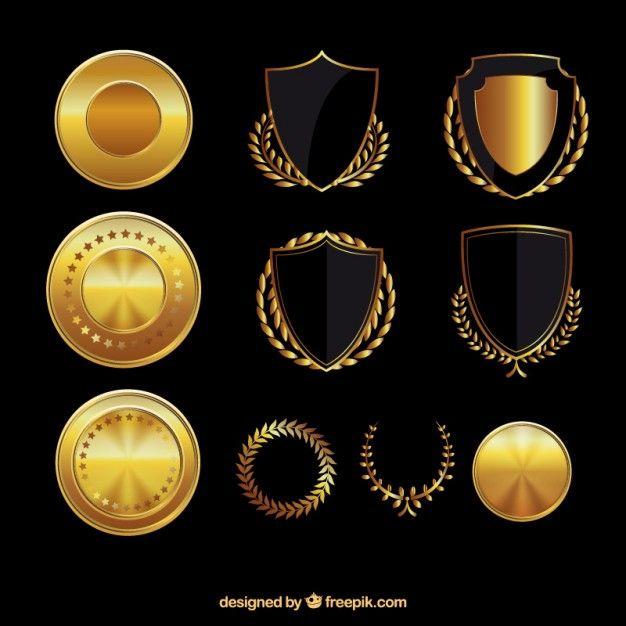 Black and Gold Shield Logo - Golden shields and medals Vector