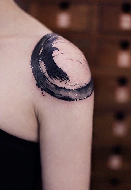 Black Bird in Circle Logo - Black And Grey Zen Enso Circle With Flying Bird Tattoo On Left