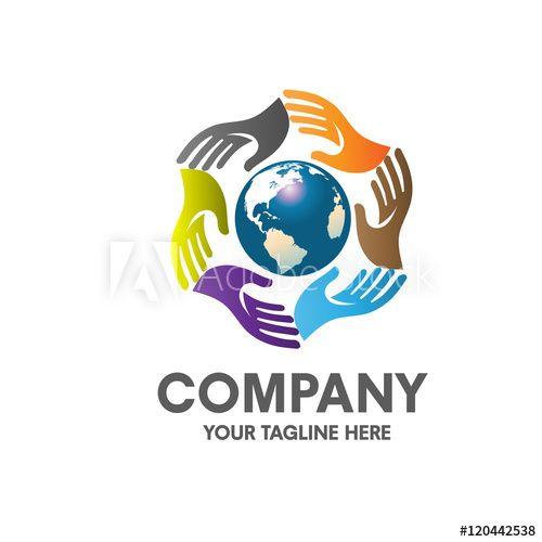 Hands-On Globe Company Logo - Colorful hands around earth globe, charity, non profit logo