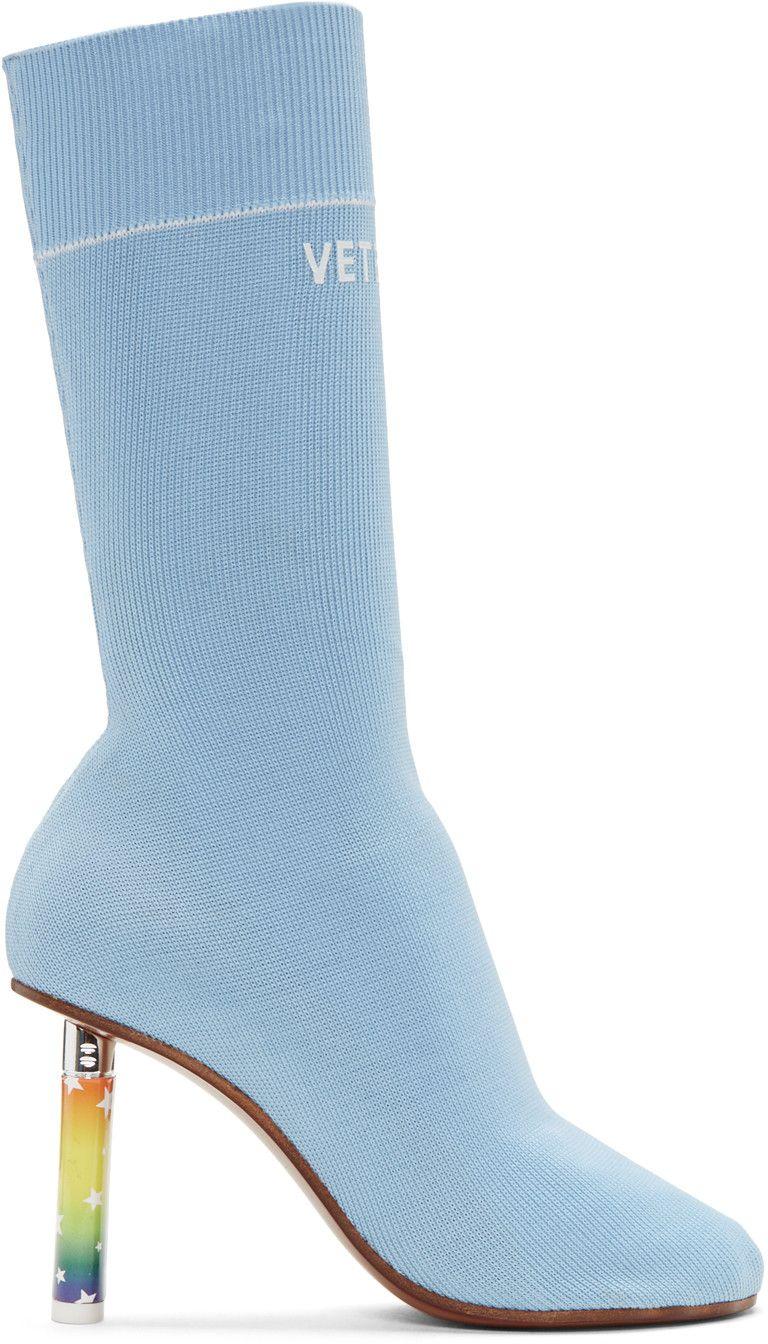Blue Square Shaped Logo - Mid Calf Knit Boots In Light Blue. Square Toe. Logo And Stripe Knit