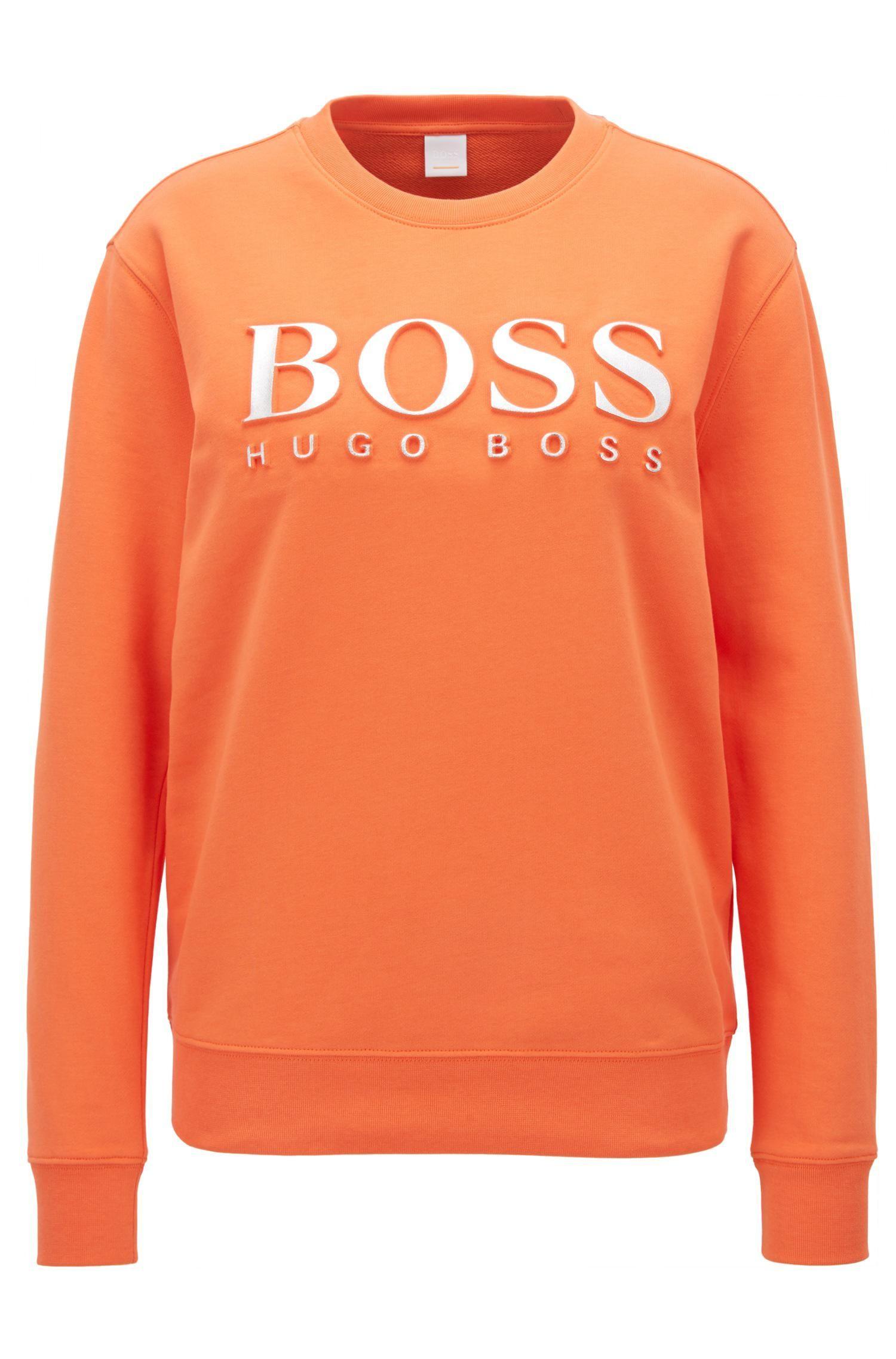 Three Orange Logo - BOSS Cotton Terry Sweatshirt With Three-dimensional Metallic Logo in ...