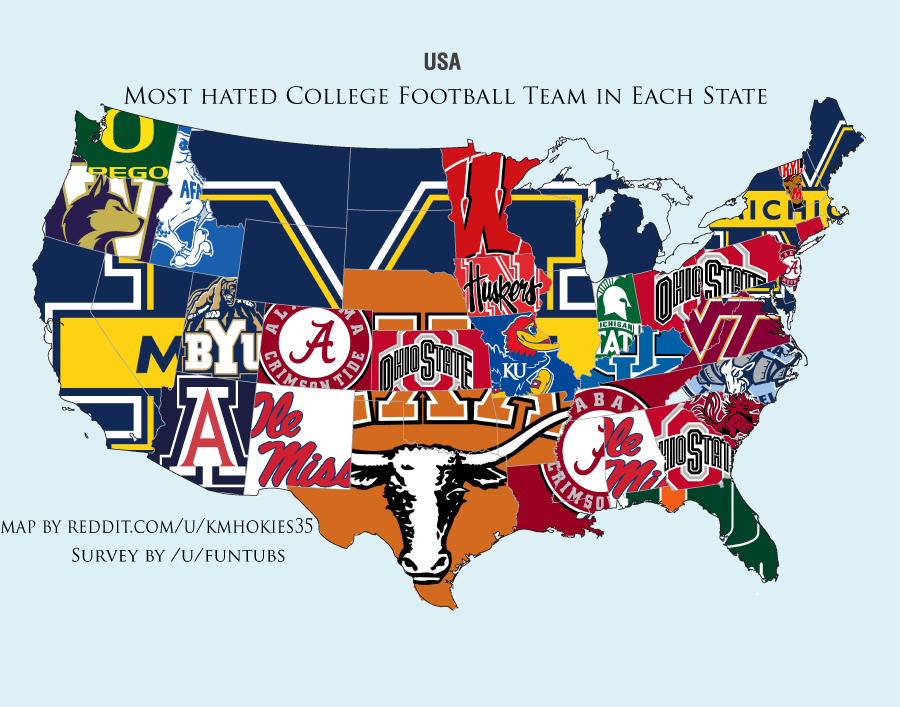 Worst College Football Logo - Map: The most hated college football program by state - FootballScoop
