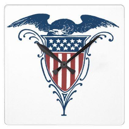 USA Red White Blue Square Logo - Vintage Shield Red White Blue American Eagle Stars Square Wall Clock