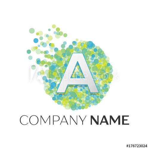 Bubble Dots Text Logo - Realistic Letter A logo with blue, yellow, green particles and ...