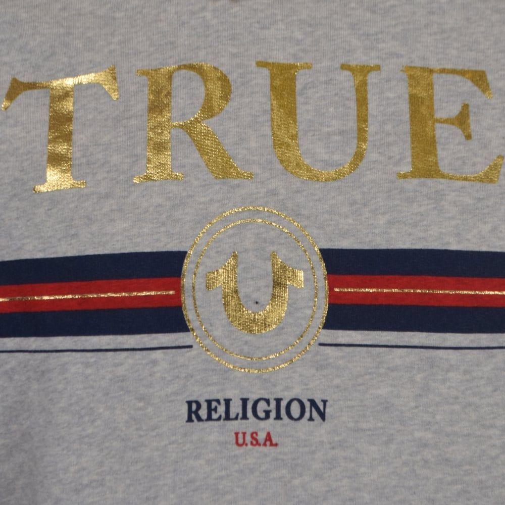 Grey Gold Logo - TRUE RELIGION True Religion Grey/Gold Stripe Logo Pullover Hoodie ...