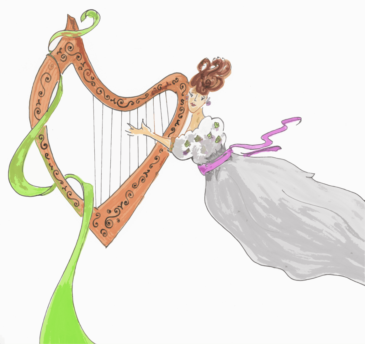 Flying Harp Logo - Flying harpist Marker watercolor and pen Copyright 2018 Martha Bush ...