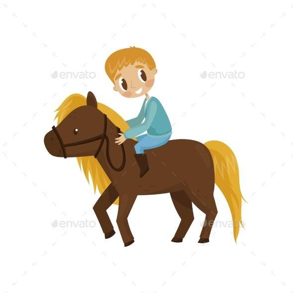 Brown Horse Logo - Litlle boy riding a brown horse, equestrian sport concept cartoon