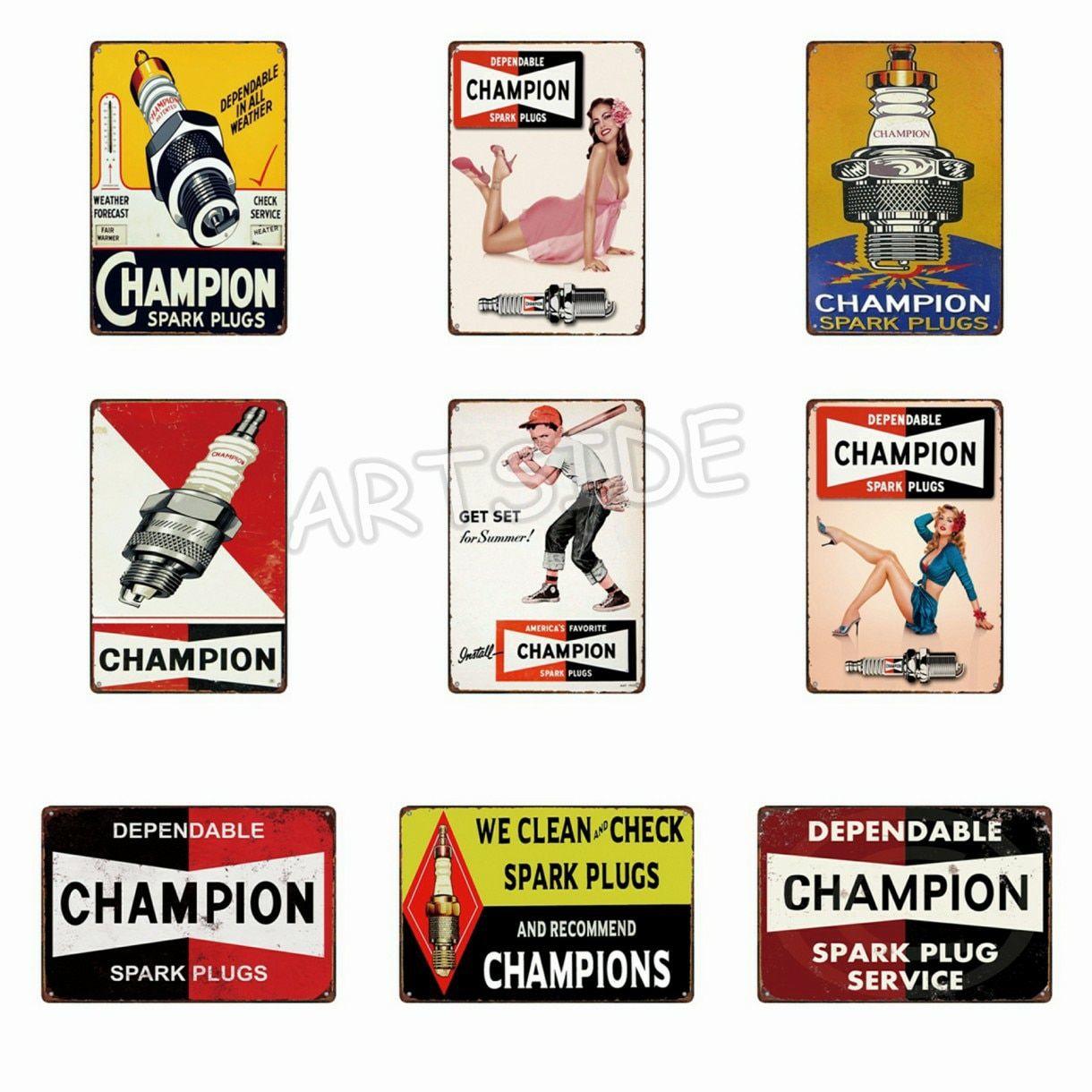 Vintage Spark Plug Logo - Champion Spark Plugs Plaque Vintage Metal Tin Signs Home Bar