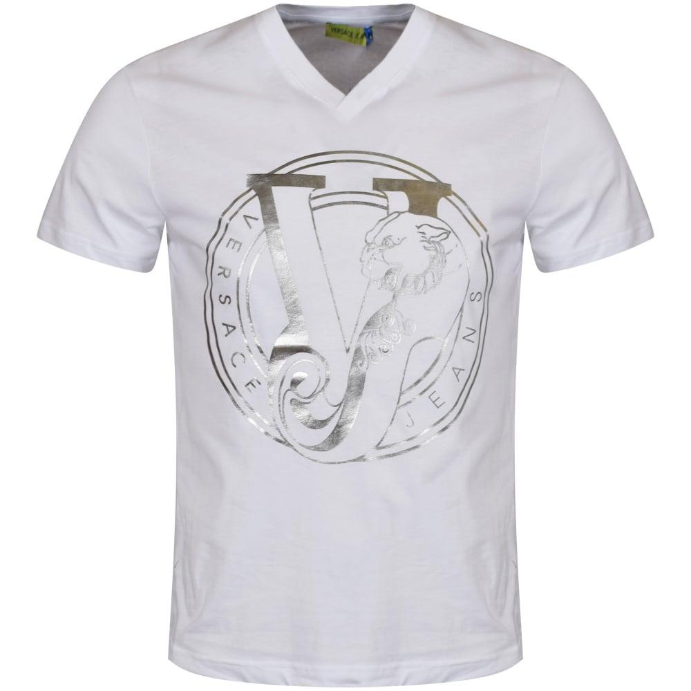 White V Logo - VERSACE JEANS Versace Jeans White V Neck Foil Logo T-Shirt - Men ...
