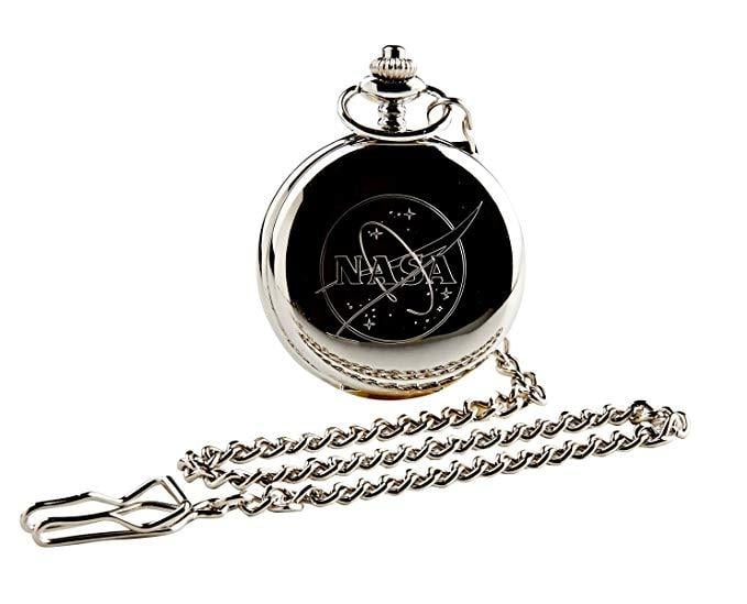 Silver NASA Logo - NASA Logo Silver Pocket Watch Full Hunter with Chain Luxury Gift Box