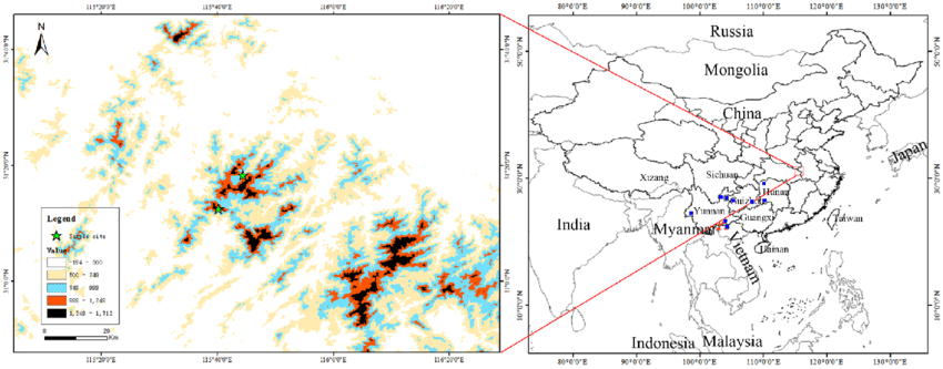 Mountain Red Triangle Logo - Sampled sites (Green stars) of R. zhoukaiyae in Dabie Mountains