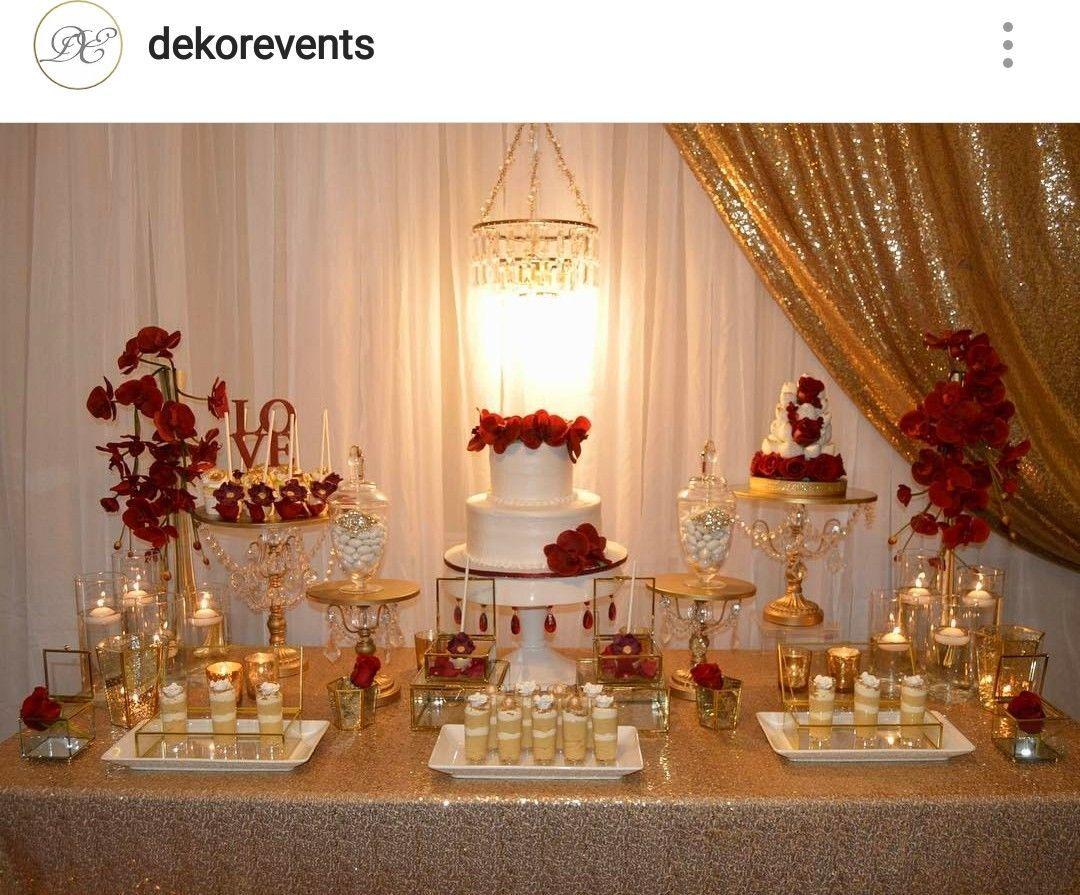 Red Gold White Logo - Gold, white, and Red Engagement Party Dessert Table and Decor