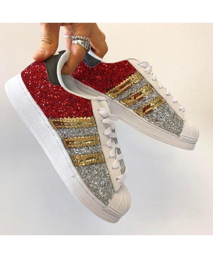 Red Gold White Logo - Adidas Superstar Glitter Silver Red Gold White Trainers Outlet