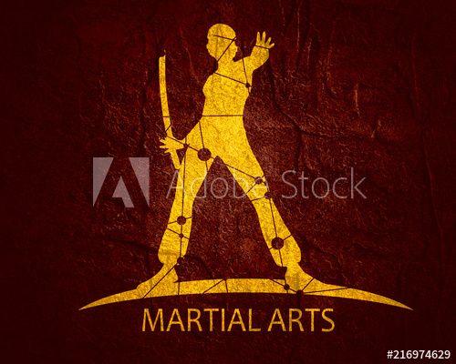 Woman with Red Lines Logo - Martial art silhouette of woman in sword fight Kung Fu pose. Emblem ...