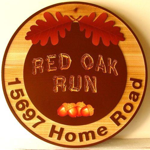 Red Oak Leaf in Circle Logo - I18506 - Carved Cedar Property Name Sign 