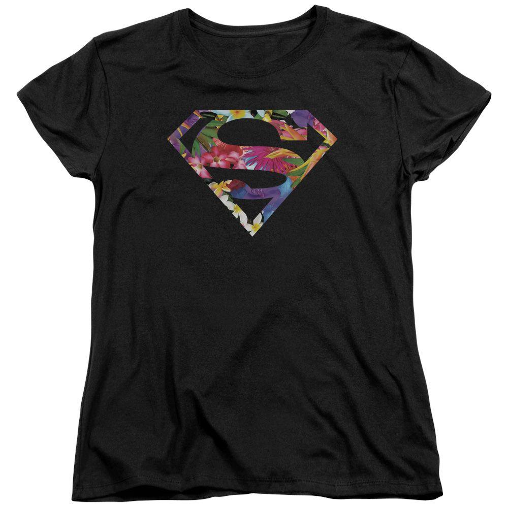 Superman Flower Logo - Trevco Superman DC Comics Tropical Flowers Logo Women's T-Shirt Tee