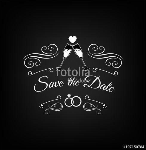 Heart Scroll Black and White Logo - Vintage wedding invitation design with champagne glasses, rings ...