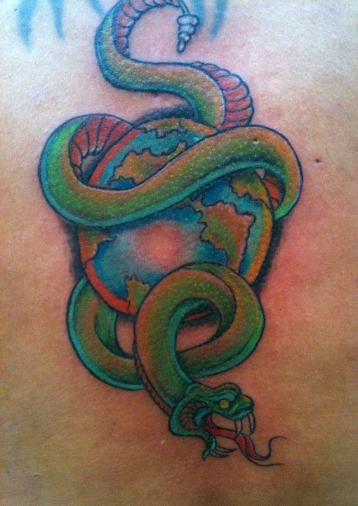 Snake with Globe Logo - Traditional Snake With Globe Tattoo Design